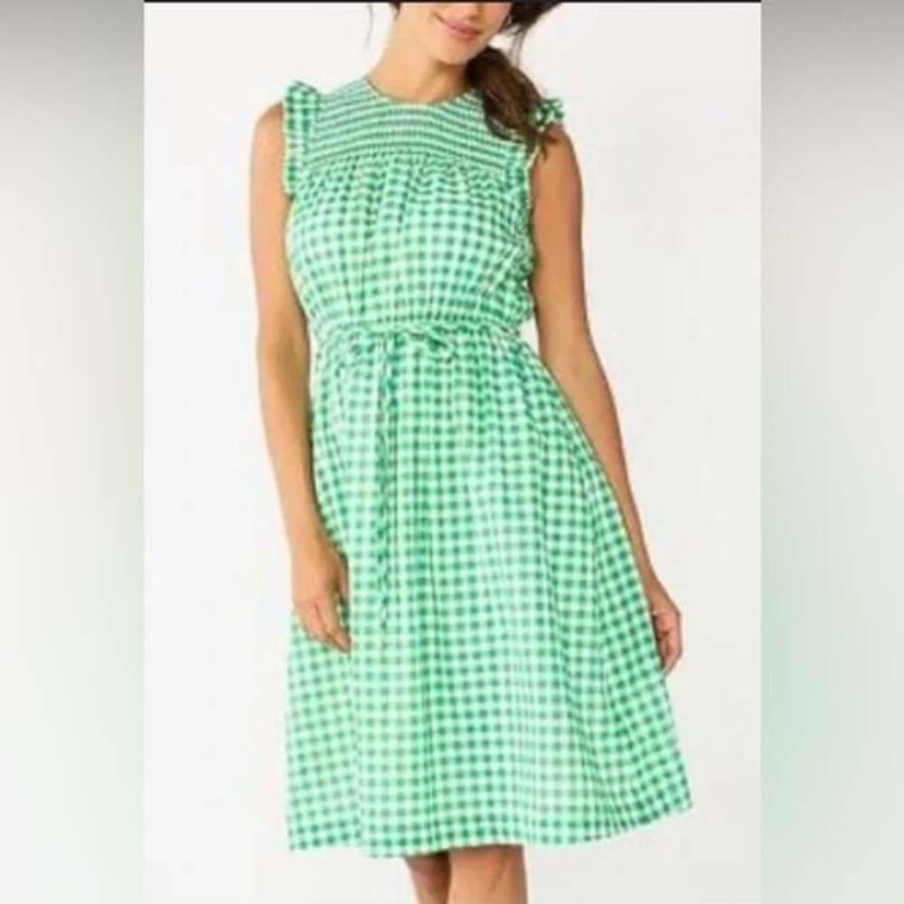 Draper James RSVP Green and White Gingham Sleeveless Smocked Dress